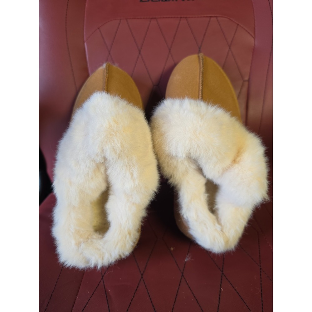 Brown Faux Suede Slip-On Women's Slippers with White Faux Fur Trim, Size 39